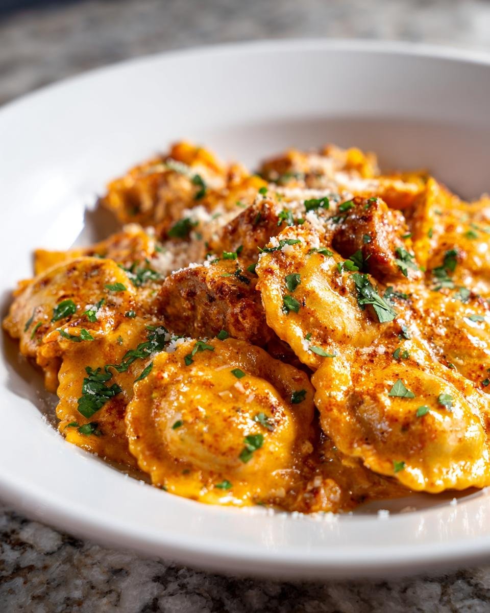 Nahaufnahme von Hearty Creamy Cajun Sausage Ravioli in einer cremigen, orangefarbenen Sauce, bestreut mit Petersilie und Parmesan.