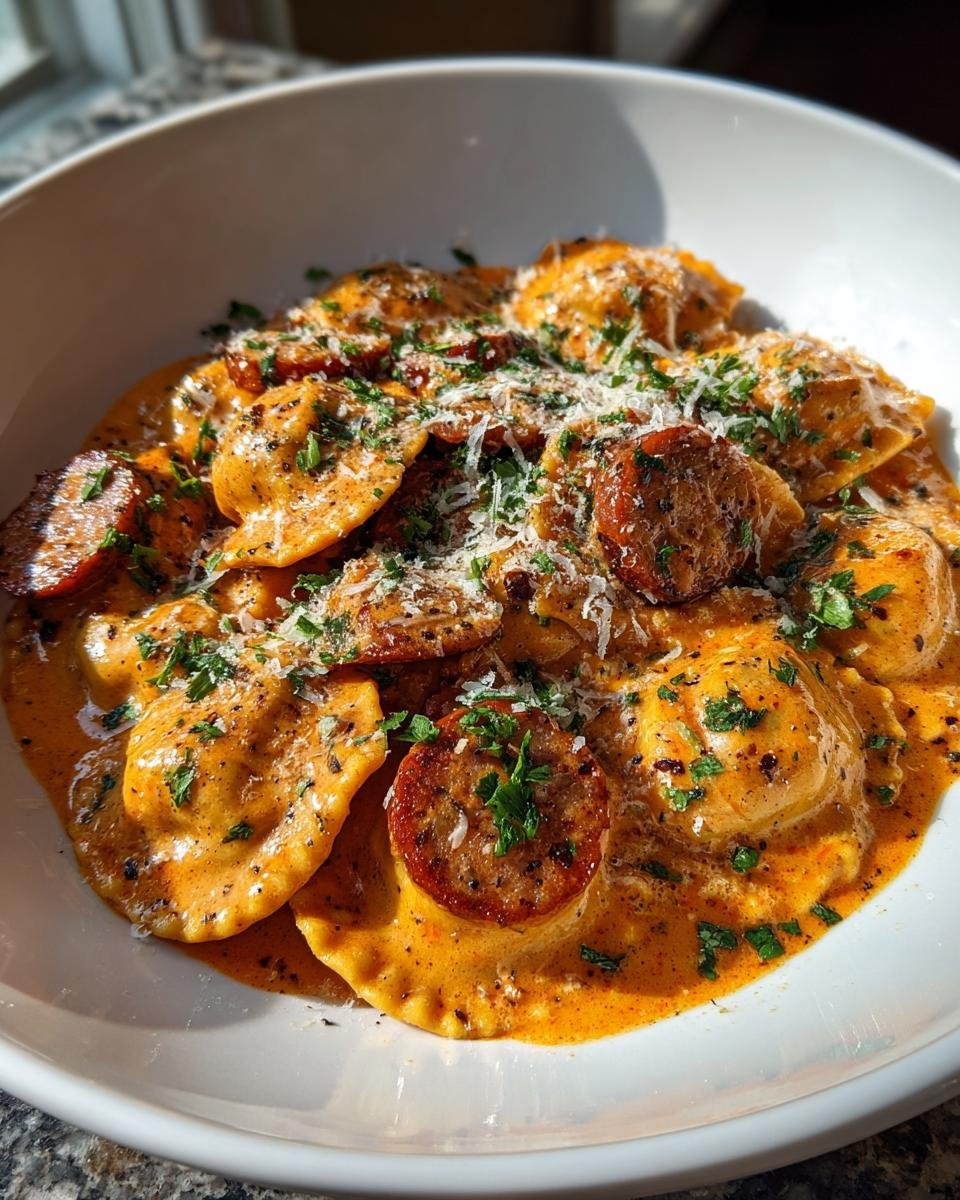 Nahaufnahme von Hearty Creamy Cajun Sausage Ravioli in einer cremigen, orangefarbenen Sauce, garniert mit Wurstscheiben und Petersilie.