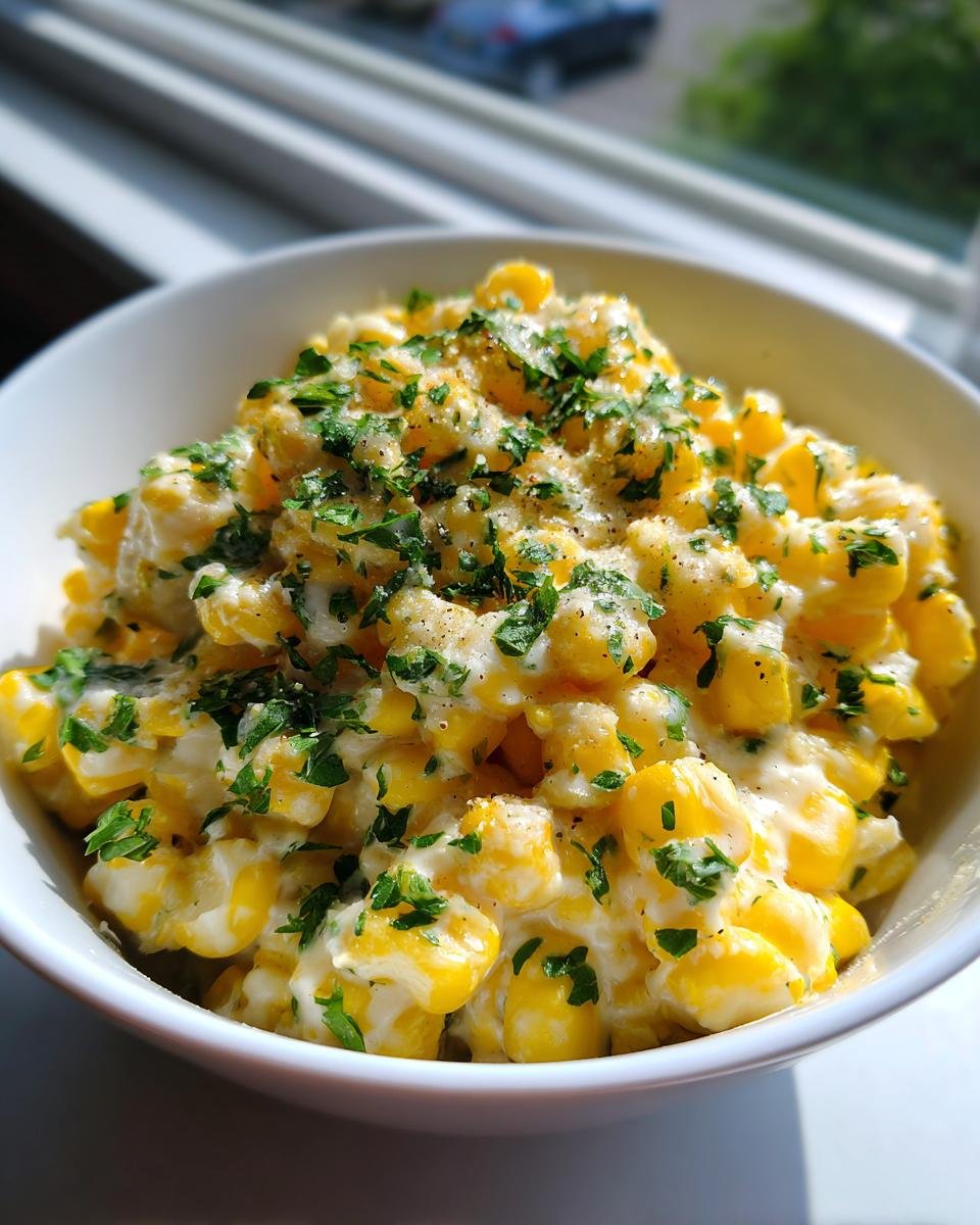 Nahaufnahme von cremigem Creamy Cowboy Butter Creamed Corn, garniert mit Petersilie und Pfeffer.