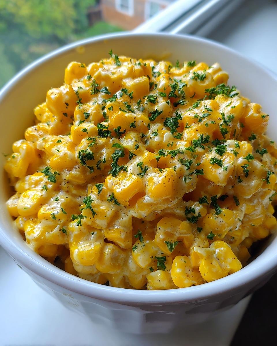 Nahaufnahme von cremigem Creamy Cowboy Butter Creamed Corn, garniert mit Petersilie in einer wei&szlig;en Sch&uuml;ssel.