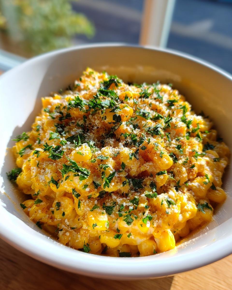 Nahaufnahme von cremigem Creamy Cowboy Butter Creamed Corn, garniert mit Petersilie und K&auml;se.