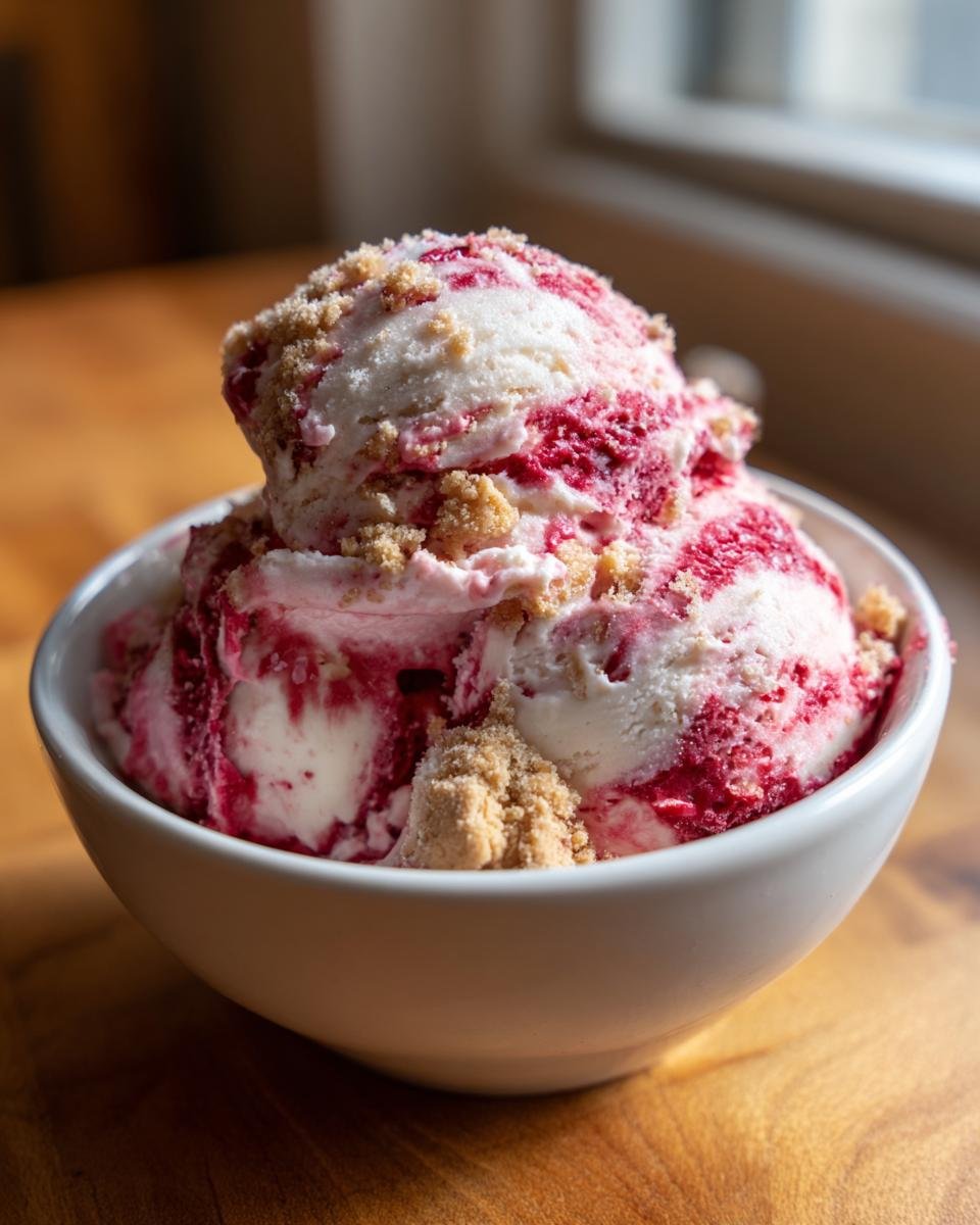 Zwei Kugeln Creamy Strawberry Cheesecake Ice Cream Recipe mit Erdbeerswirbel und Keksstreuseln in einer wei&szlig;en Sch&uuml;ssel.