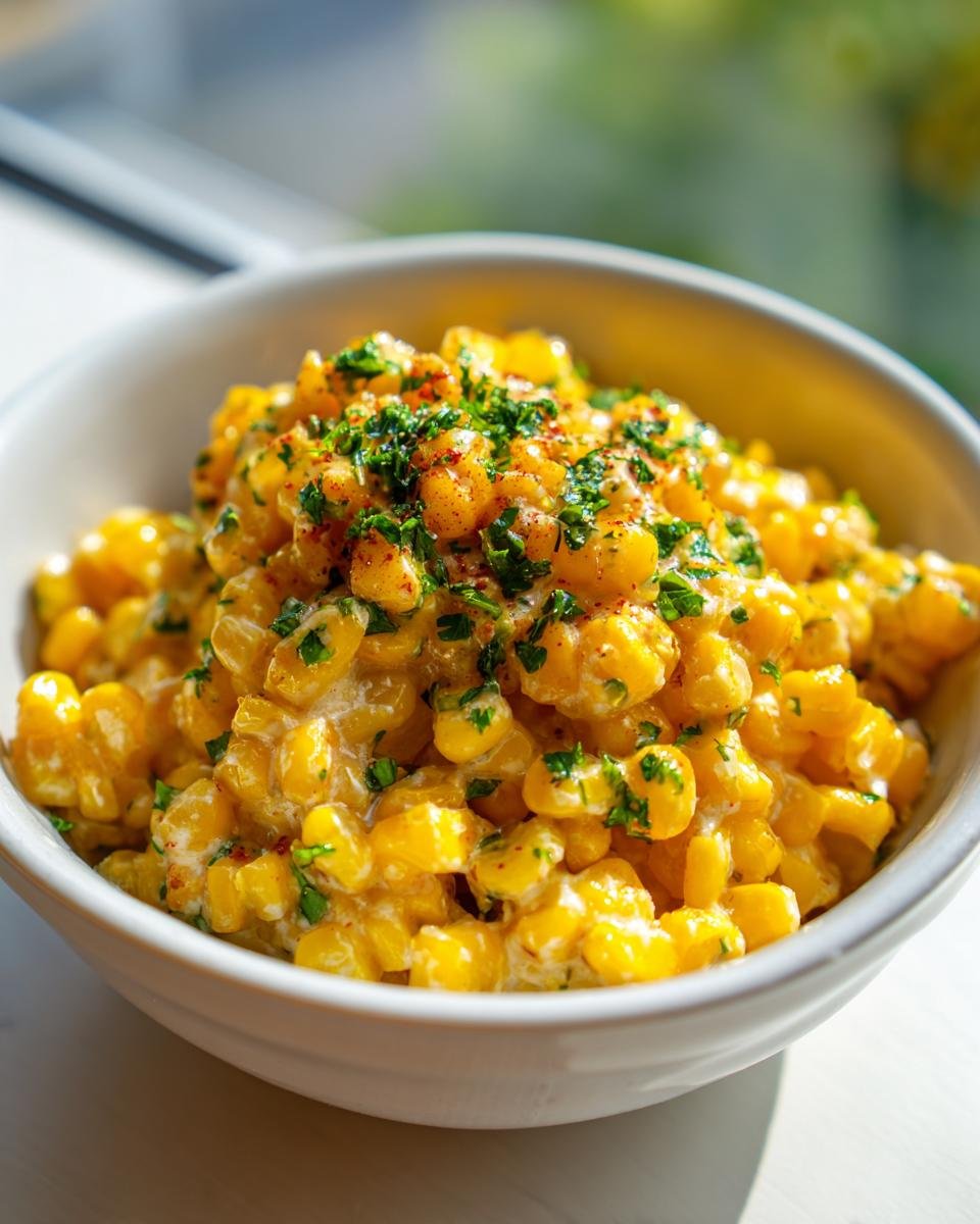 Nahaufnahme von cremiger Cowboy Butter Creamed Corn, garniert mit Petersilie und Gew&uuml;rzen in einer wei&szlig;en Sch&uuml;ssel.