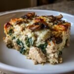 Nahaufnahme eines St&uuml;cks Cremige H&auml;hnchen Spinat Pilz Auflauf mit geschmolzenem K&auml;se und Pilzen obenauf.