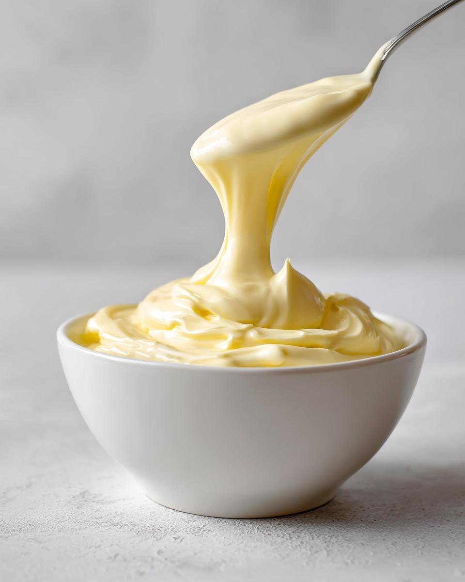 Ein L&ouml;ffel hebt cremige, gelbliche Homemade Mayonnaise aus einer wei&szlig;en Sch&uuml;ssel.