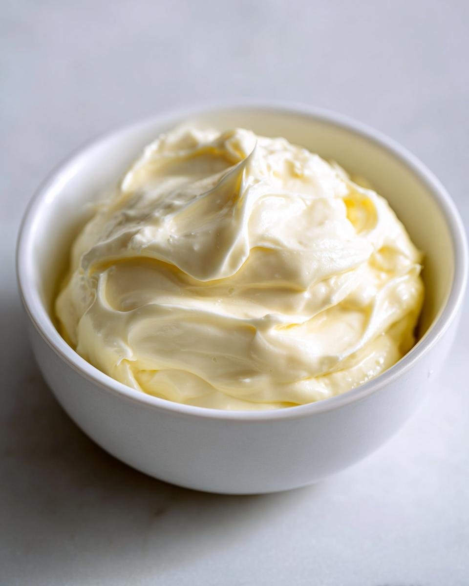 Nahaufnahme von dicker, cremiger Homemade Mayonnaise in einer kleinen wei&szlig;en Sch&uuml;ssel auf hellem Untergrund.