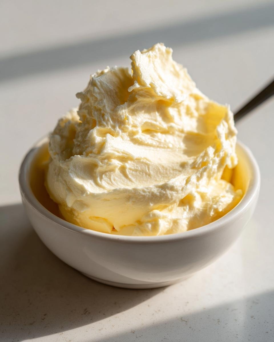 Nahaufnahme von frisch zubereiteter, cremiger Homemade Mayonnaise in einer kleinen wei&szlig;en Sch&uuml;ssel.