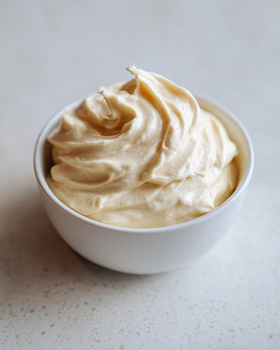 Cremige, hellgelbe Homemade Mayonnaise in einer wei&szlig;en Sch&uuml;ssel, perfekt aufgeschlagen.