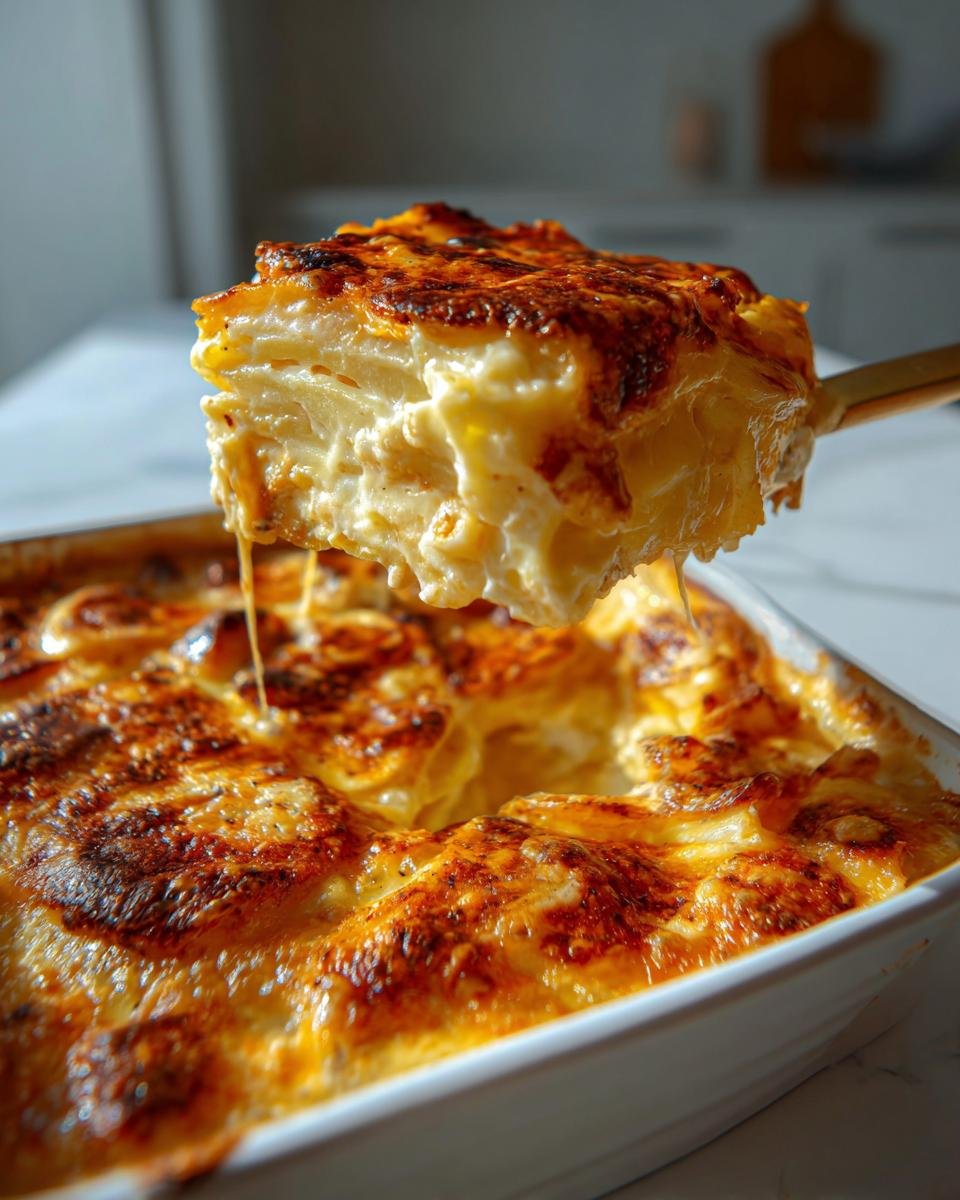 Eine Portion cremige Kartoffelgratin wird aus der Auflaufform gehoben, mit goldbrauner Kruste.