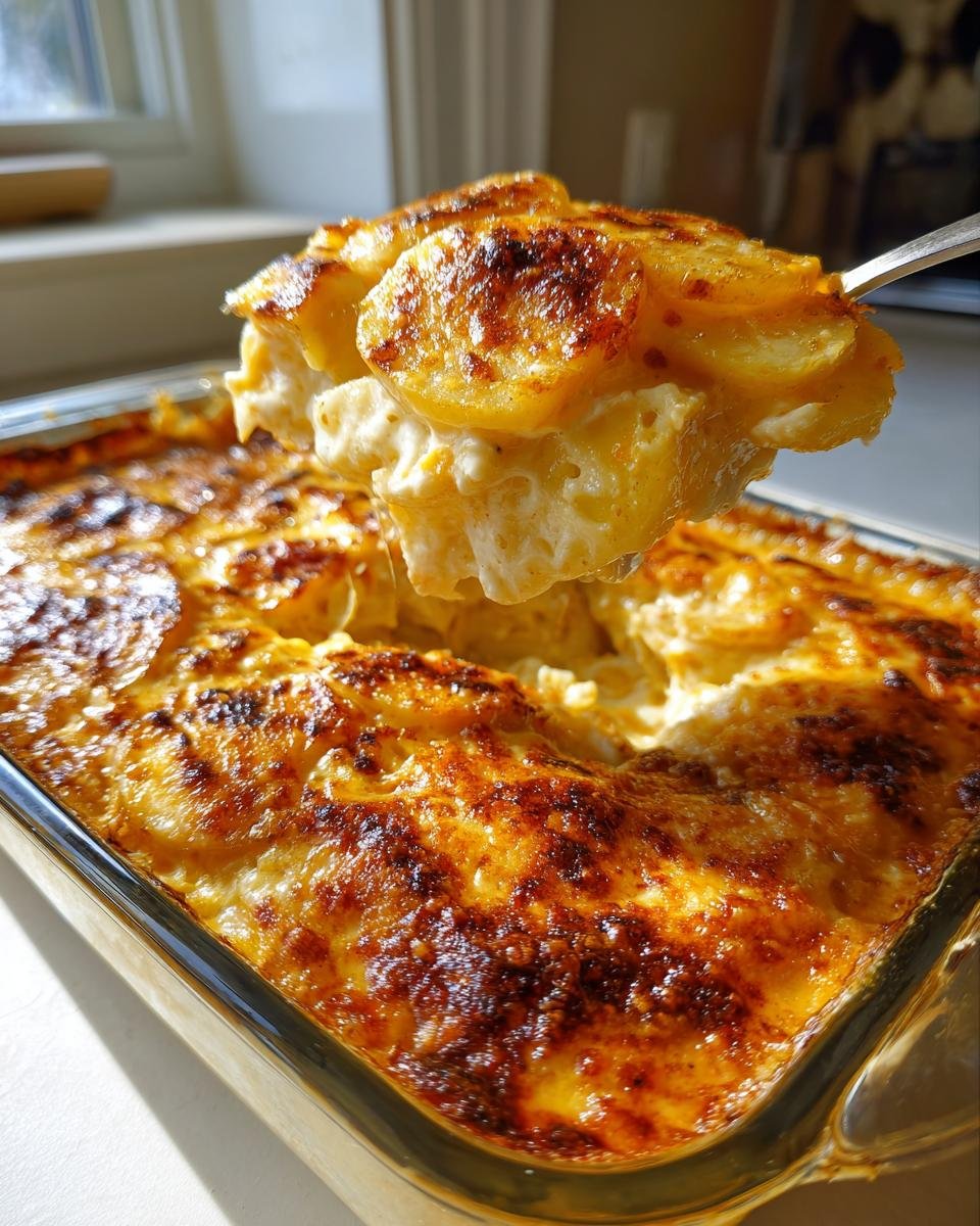 Eine Gabel hebt eine Portion cremiges Kartoffelgratin mit goldbraun gebackener Kruste aus der Auflaufform.