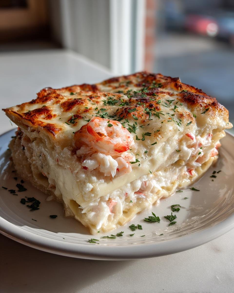 Ein gro&szlig;es St&uuml;ck Cremige Seafood Lasagna mit Garnelen und Krabben, &uuml;berbacken und mit Petersilie bestreut.
