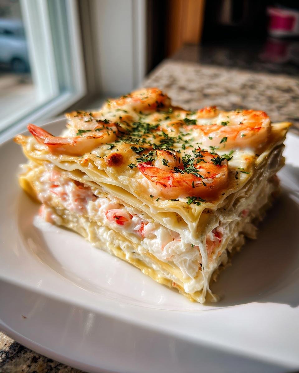 Ein dickes St&uuml;ck Cremige Seafood Lasagna mit Garnelen und Krabbenf&uuml;llung auf einem wei&szlig;en Teller.