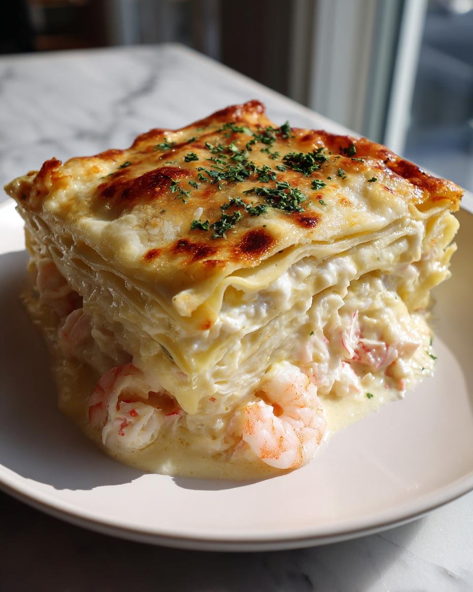 Ein gro&szlig;es St&uuml;ck Cremige Seafood Lasagna mit Garnelen und Krabben, &uuml;berbacken und mit Petersilie bestreut.
