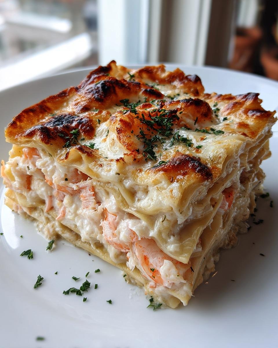 Ein gro&szlig;es St&uuml;ck Cremige Seafood Lasagna mit Garnelen und Krabben, &uuml;berbacken und mit Petersilie bestreut.