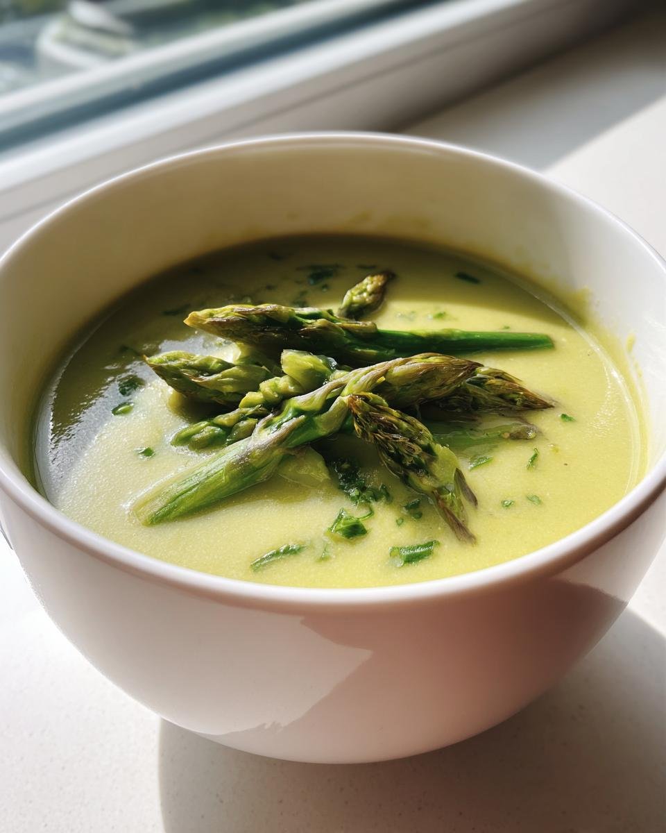 Nahaufnahme einer Sch&uuml;ssel mit cremiger Spargelsuppe, garniert mit gr&uuml;nen Spargelspitzen und Kr&auml;utern.