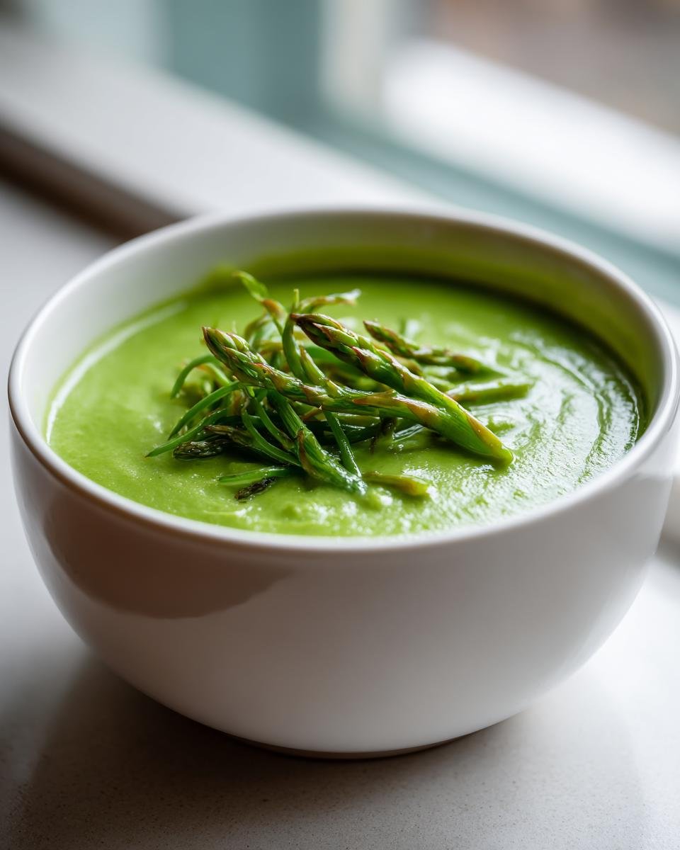Nahaufnahme einer leuchtend gr&uuml;nen Cremige Spargelsuppe, garniert mit frischen Spargelspitzen in einer wei&szlig;en Schale.