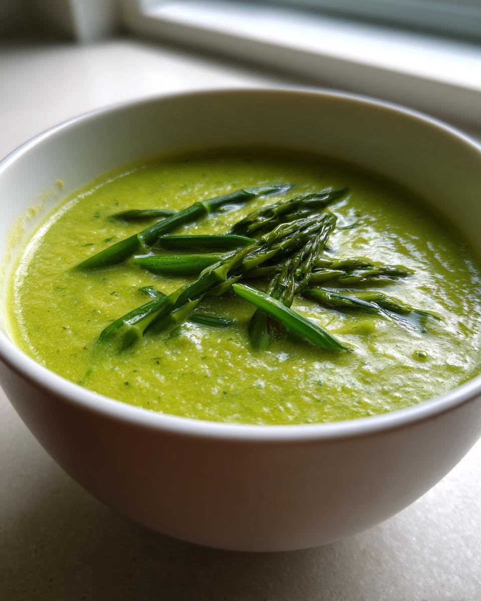 Nahaufnahme einer leuchtend gr&uuml;nen Cremige Spargelsuppe, garniert mit Spargelspitzen.