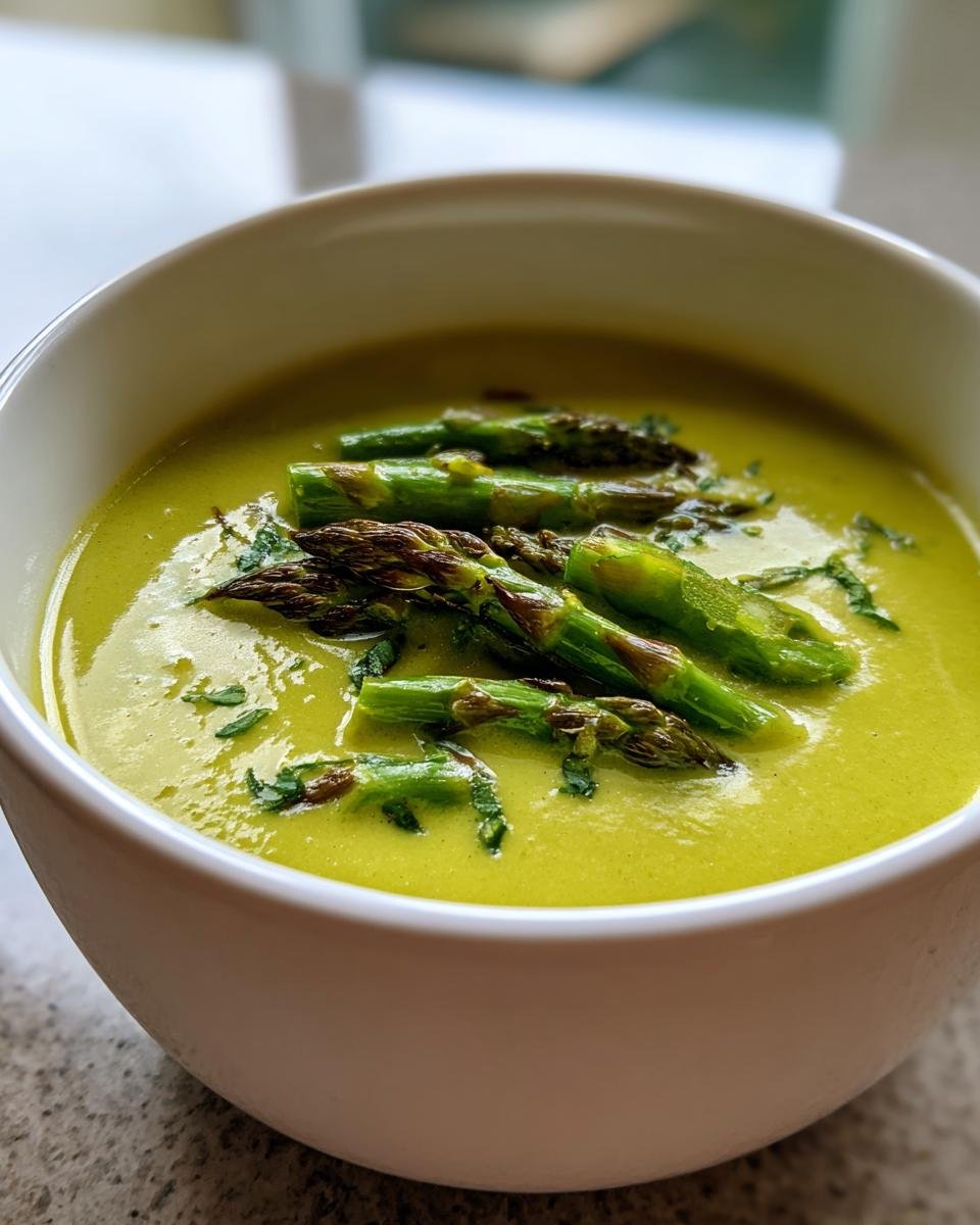 Nahaufnahme einer Sch&uuml;ssel mit leuchtend gr&uuml;ner Cremige Spargelsuppe, garniert mit pochierten Spargelspitzen.