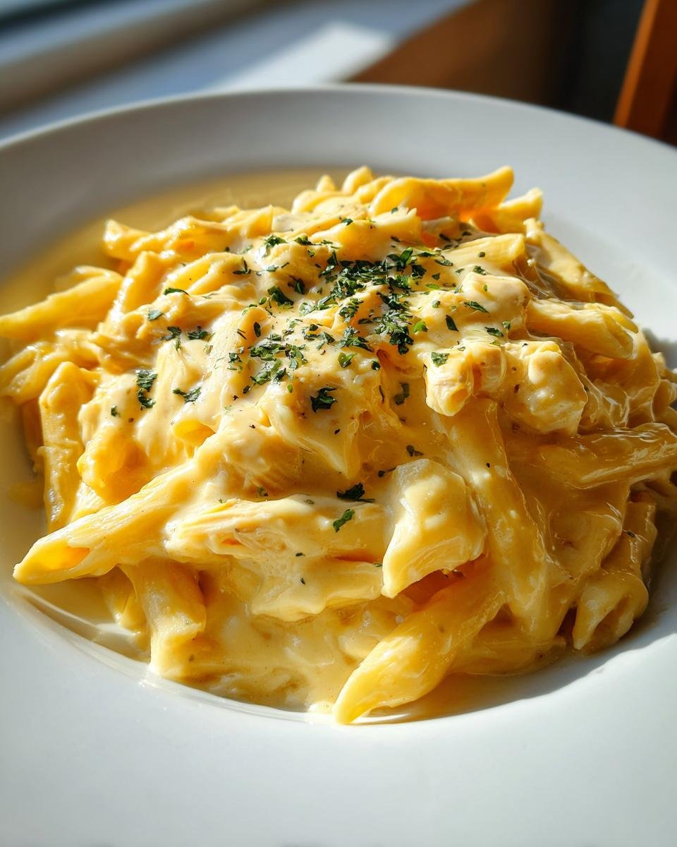 Nahaufnahme von cremiger White Cheddar Chicken Pasta mit Penne und Petersilie bestreut.
