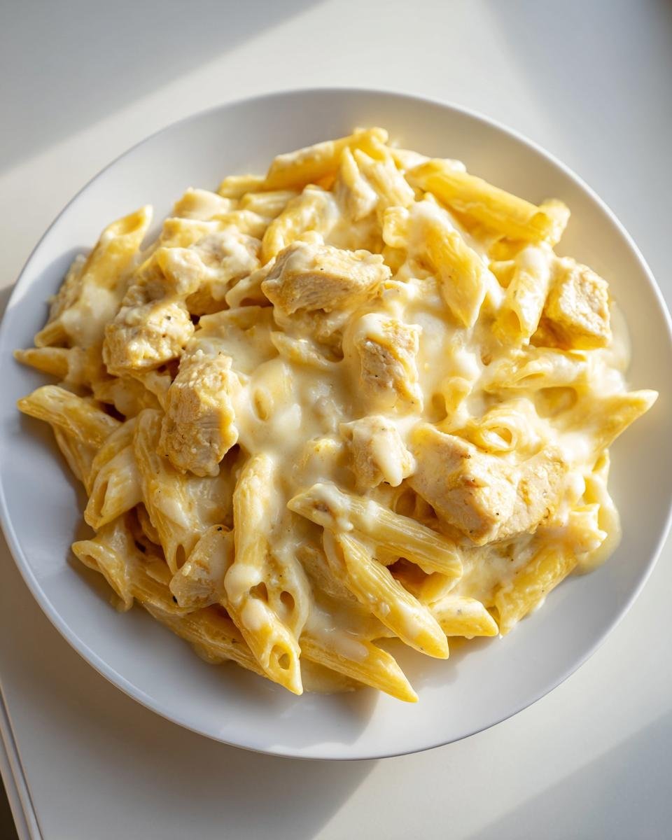 Teller mit cremiger White Cheddar H&auml;hnchen Pasta mit Penne-Nudeln und gew&uuml;rfeltem H&auml;hnchen.