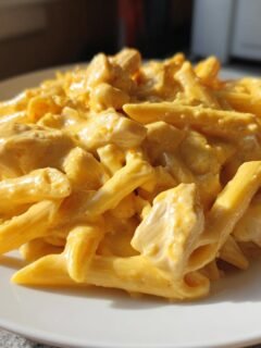 Nahaufnahme von cremiger White Cheddar H&auml;hnchen Pasta mit Penne-Nudeln auf einem wei&szlig;en Teller.