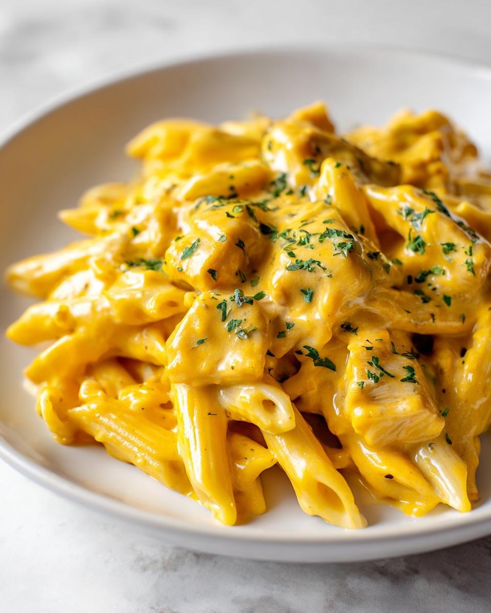 Nahaufnahme einer cremigen White Cheddar H&auml;hnchen Pasta mit Penne und Petersilie in einer wei&szlig;en Sch&uuml;ssel.