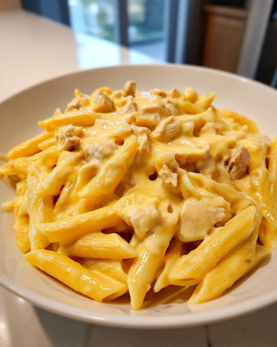 Nahaufnahme einer Sch&uuml;ssel mit cremiger White Cheddar H&auml;hnchen Pasta und Penne-Nudeln.