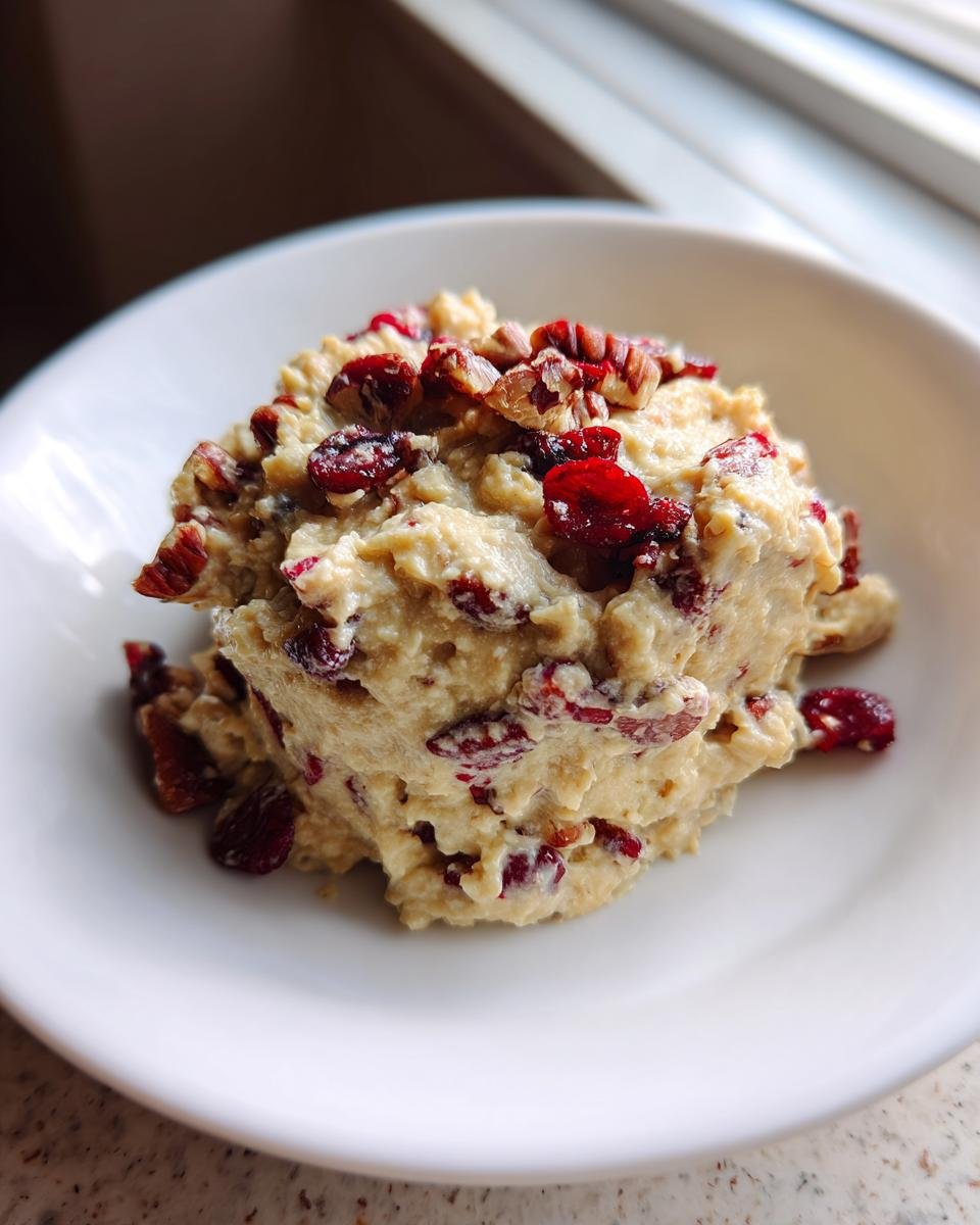 Ein Klecks Delicious Creamy Cranberry Pecan Chicken Salad mit sichtbaren Cranberries und Pekann&uuml;ssen auf einem wei&szlig;en Teller.