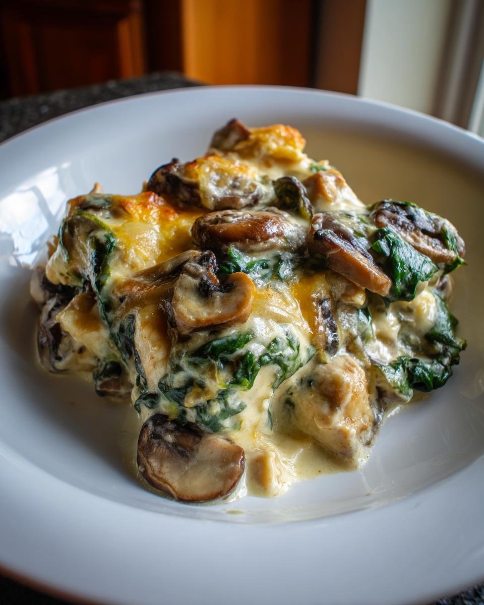 Eine Portion cremiger H&auml;hnchen-Spinat-Pilz-Auflauf mit &uuml;berbackenem K&auml;se und braunen Champignons.