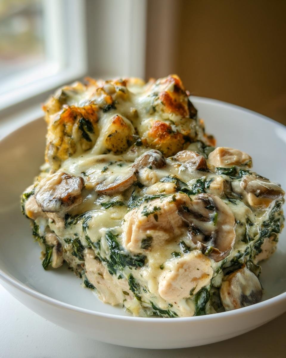 Eine Portion cremiger H&auml;hnchen-Spinat-Pilz-Auflauf mit geschmolzenem K&auml;se und Pilzen.
