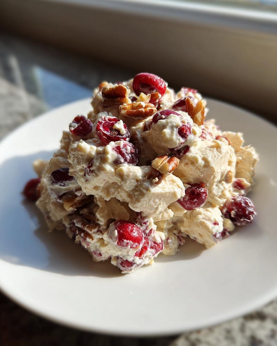 Nahaufnahme von Delicious Creamy Cranberry Pecan Chicken Salad auf einem wei&szlig;en Teller, bedeckt mit Cranberrys und Pekann&uuml;ssen.