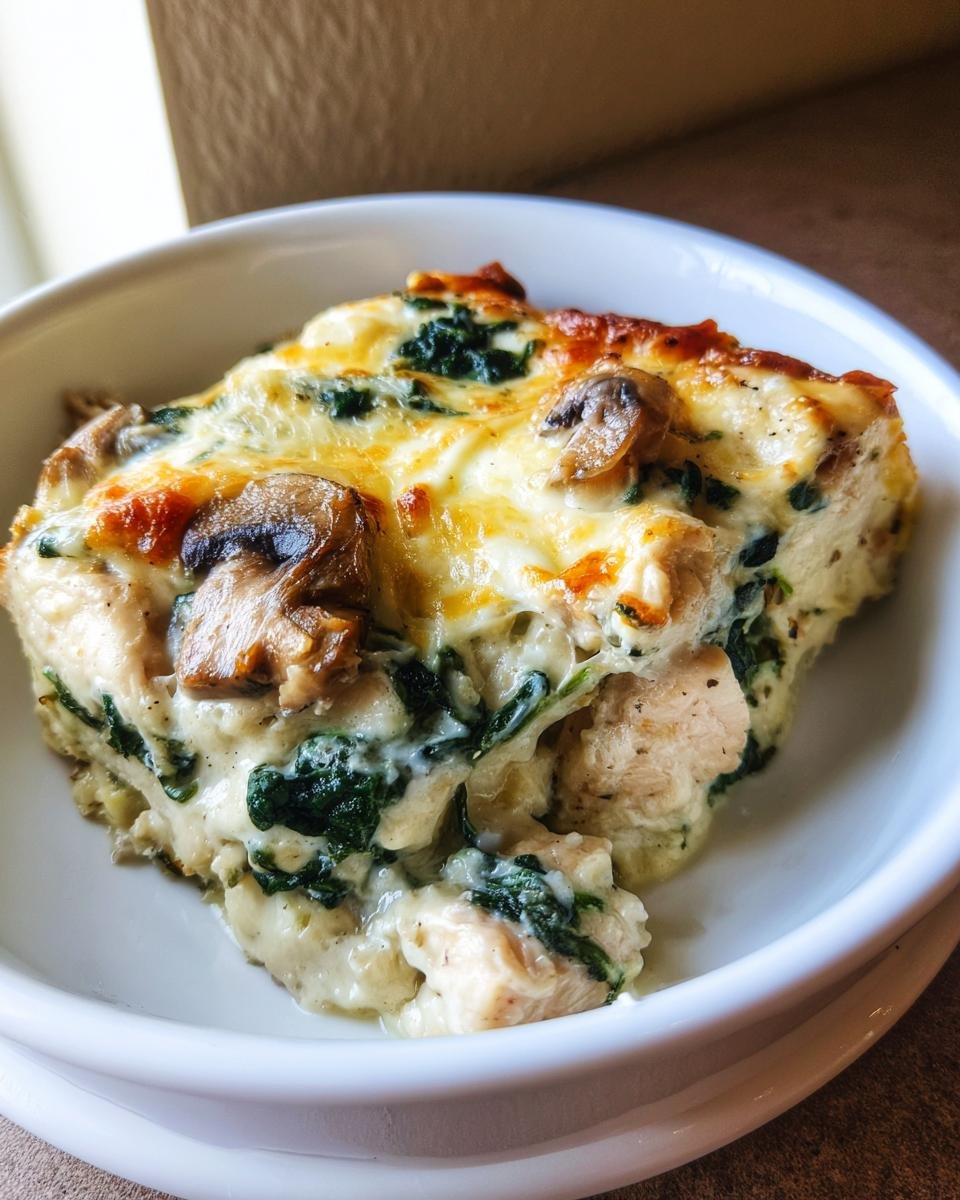 Ein St&uuml;ck cremiger Chicken Spinach Mushroom Casserole mit geschmolzenem K&auml;se und Pilzen in einer wei&szlig;en Schale.