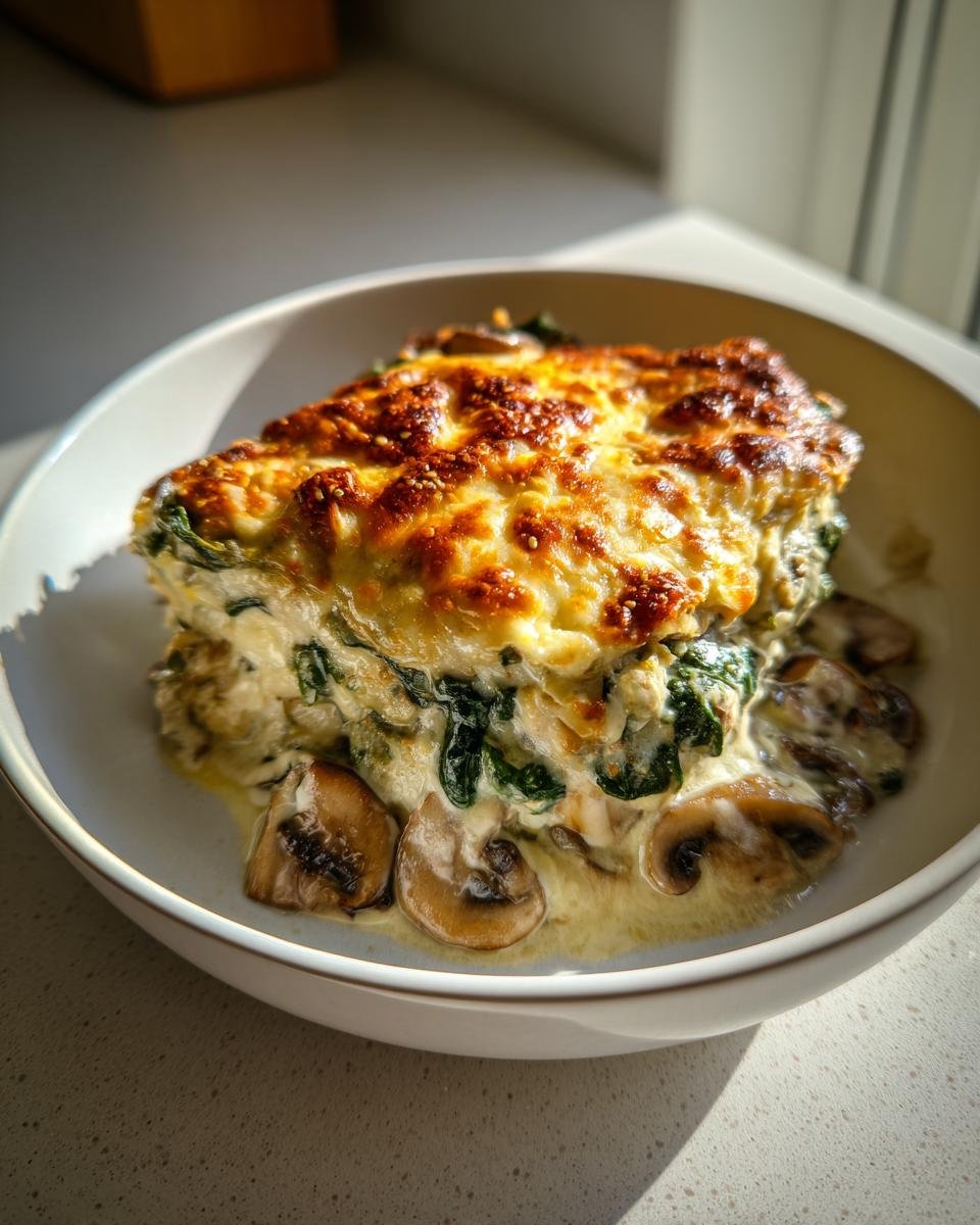 Ein St&uuml;ck cremiger Auflauf mit Huhn, Spinat und Pilzen, bedeckt mit goldbraunem K&auml;se.