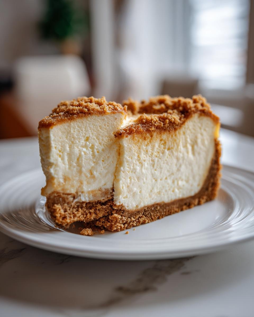 Zwei dicke Scheiben cremiges Cheesecake Pie mit knusprigem Keksboden und Streuseln auf einem wei&szlig;en Teller.