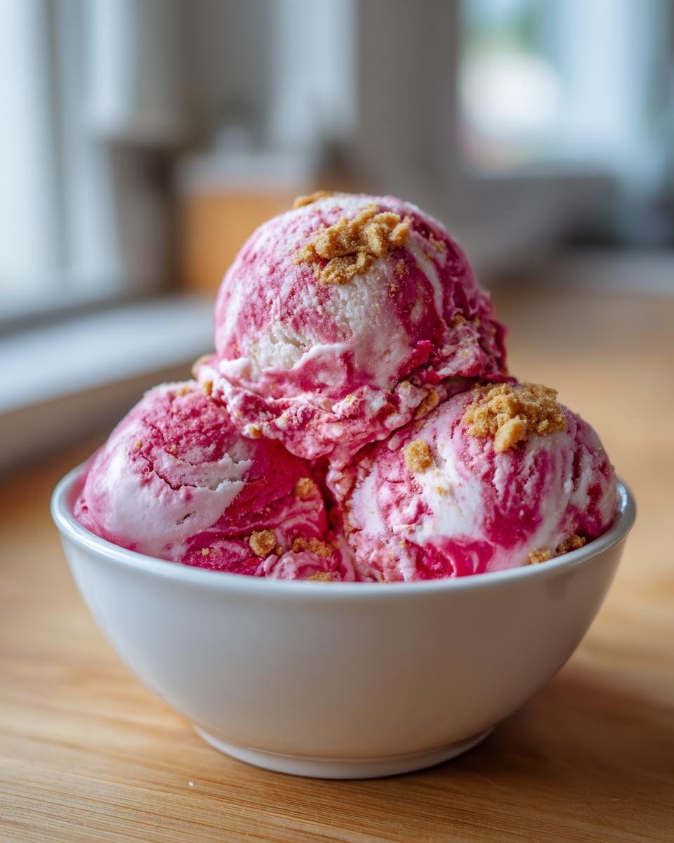 Drei Kugeln cremiges Erdbeer-Cheesecake Eis mit Keksstreuseln in einer wei&szlig;en Sch&uuml;ssel.