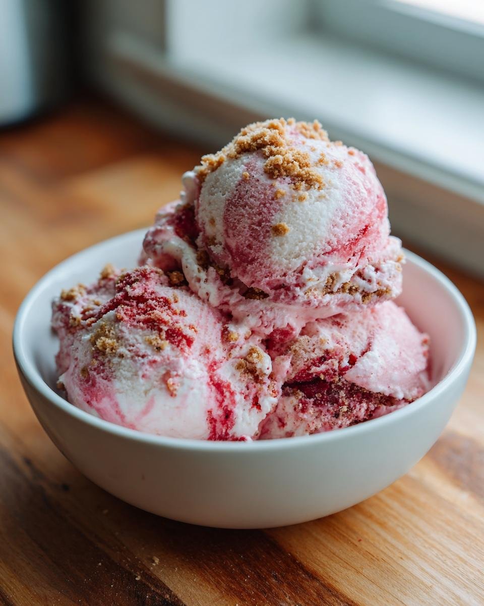 Nahaufnahme von Kugeln Cremiges Erdbeer Cheesecake Eis Rezept in einer wei&szlig;en Sch&uuml;ssel, garniert mit Keksstreuseln.