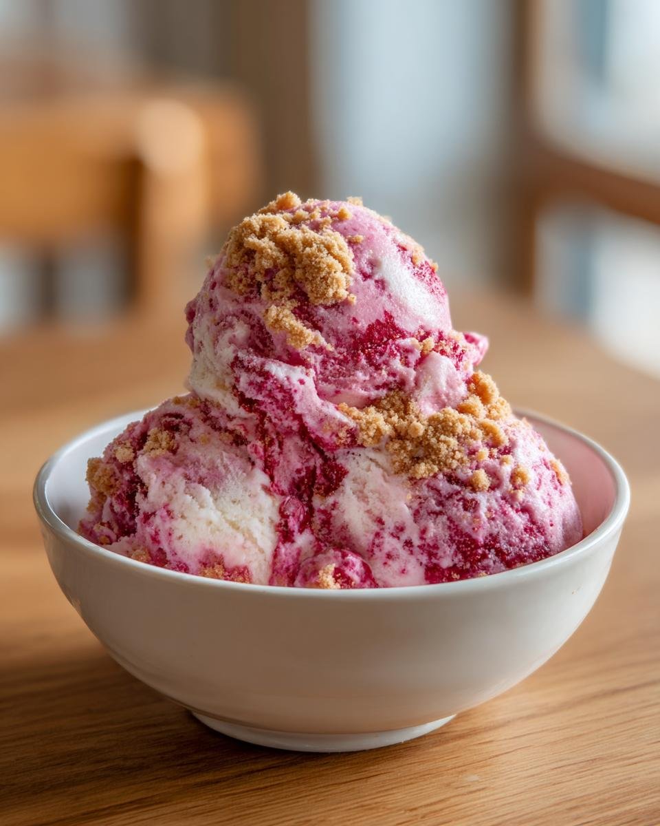 Zwei Kugeln cremiges Erdbeer-Cheesecake Eis mit Keksstreuseln in einer wei&szlig;en Sch&uuml;ssel.