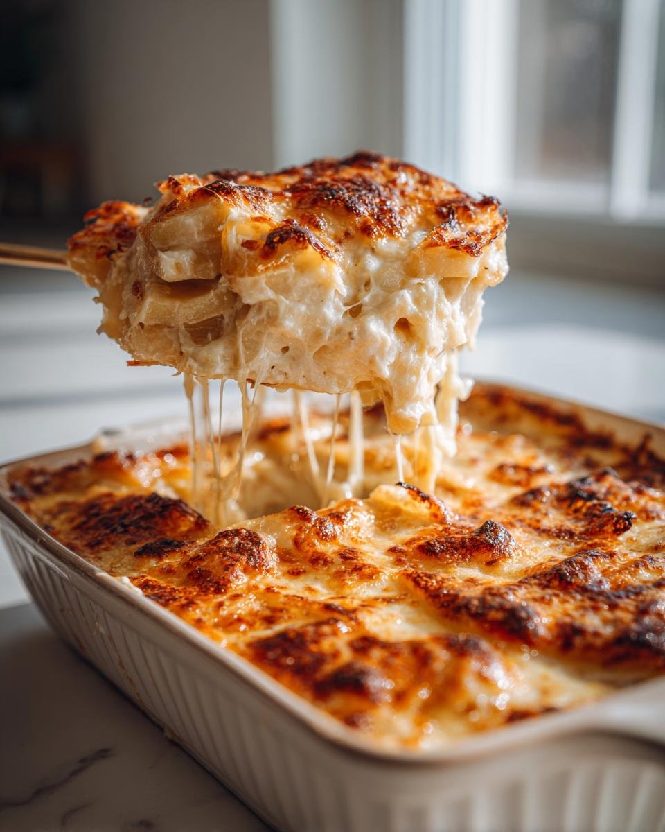 Eine Portion cremiges Kartoffelgratin mit goldbrauner Kruste wird aus der Auflaufform gehoben, wobei lange Käsefäden herunterhängen.