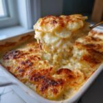 Ein L&ouml;ffel voller cremiges Kartoffelgratin mit goldbrauner Kruste wird aus der Auflaufform gehoben.