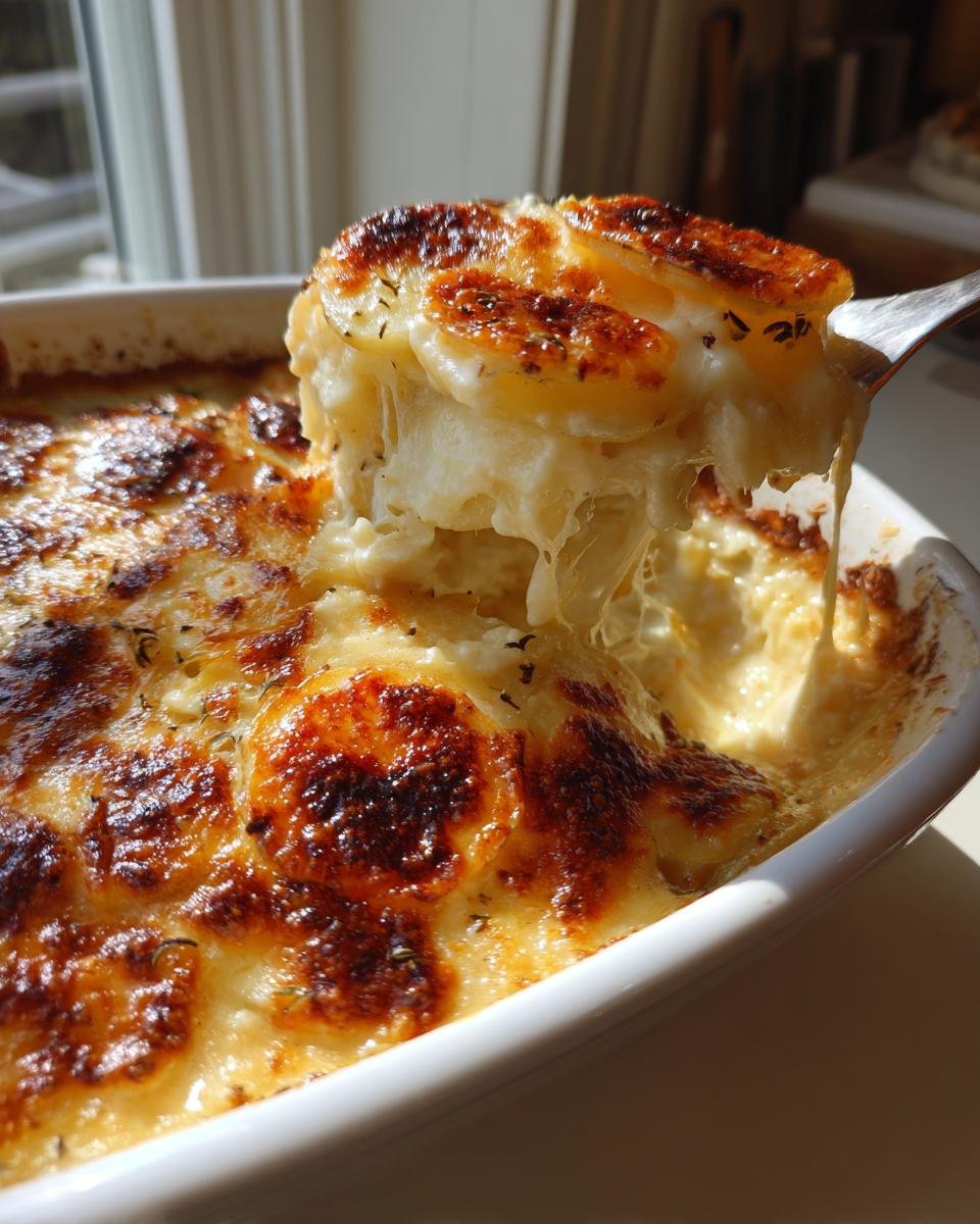 Eine Portion cremiges Kartoffelgratin mit goldbrauner Kruste wird aus der Auflaufform gehoben, wobei lange Käsefäden herunterhängen.