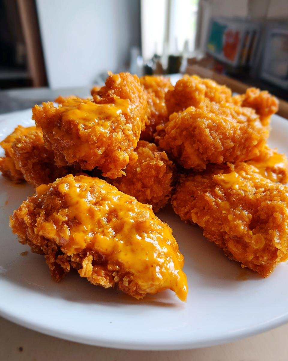 Nahaufnahme von knusprigem Bang Bang Chicken Stücken, überzogen mit einer leuchtend orangen, cremigen Sauce auf einem weißen Teller.