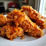 Nahaufnahme von knusprigen Crispy Bang Bang Chicken Streifen, &uuml;bergossen mit einer cremigen, orangefarbenen Sauce auf einem wei&szlig;en Teller.