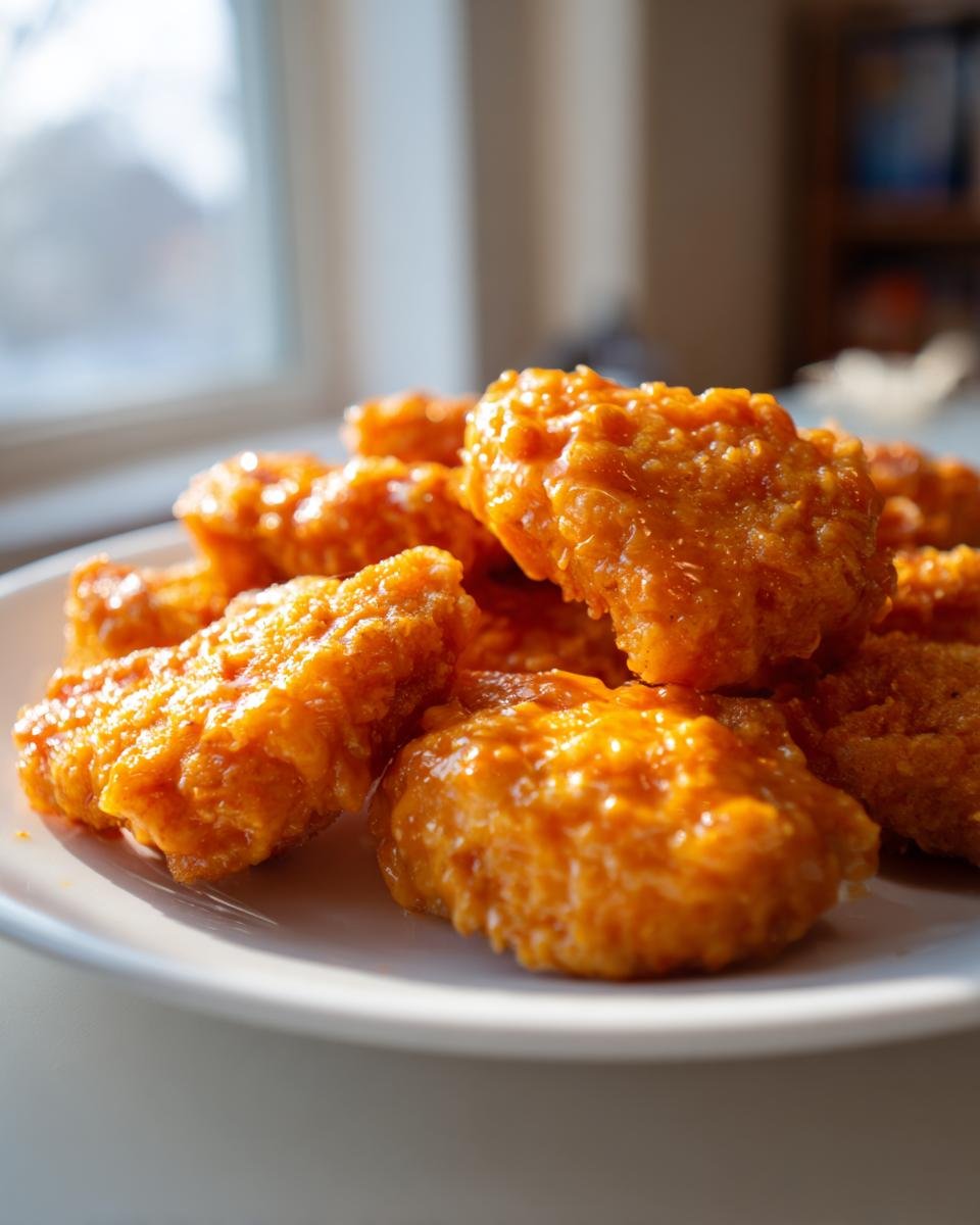 Nahaufnahme von panierten Hähnchenstücken, überzogen mit einer glänzenden, orangefarbenen Sauce – das beste Crispy Bang Bang Chicken Recipe.