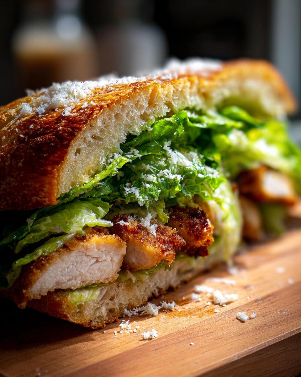 Nahaufnahme eines halbierten Crispy Chicken Caesar Sandwich mit knusprigem H&auml;hnchen, R&ouml;mersalat und Parmesan.