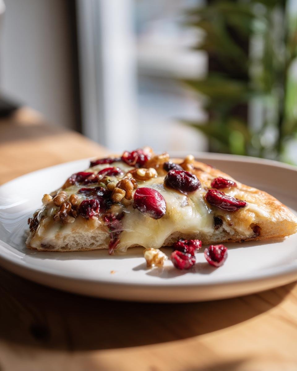 Nahaufnahme eines St&uuml;cks Crispy Flatbread mit geschmolzenem Brie, getrockneten Cranberries und Waln&uuml;ssen auf einem Teller.