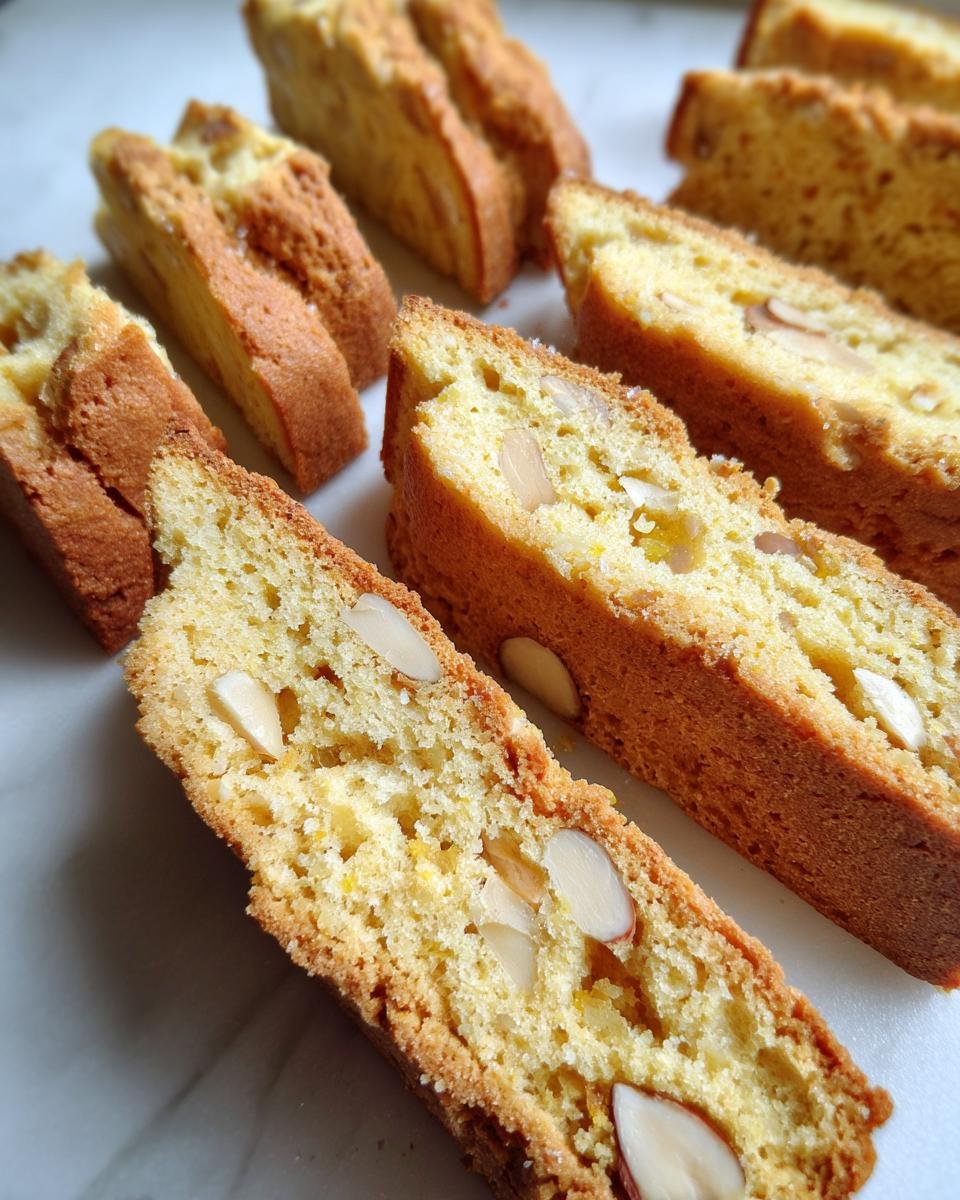 Nahaufnahme von mehreren Scheiben knuspriger Crispy Limoncello Almond Biscotti mit sichtbaren Mandelst&uuml;cken.