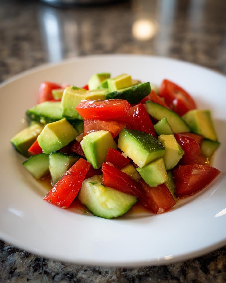 Nahaufnahme eines wei&szlig;en Tellers mit gew&uuml;rfeltem Cucumber Tomato Avocado Salad, bestehend aus Tomaten, Gurken und Avocado.