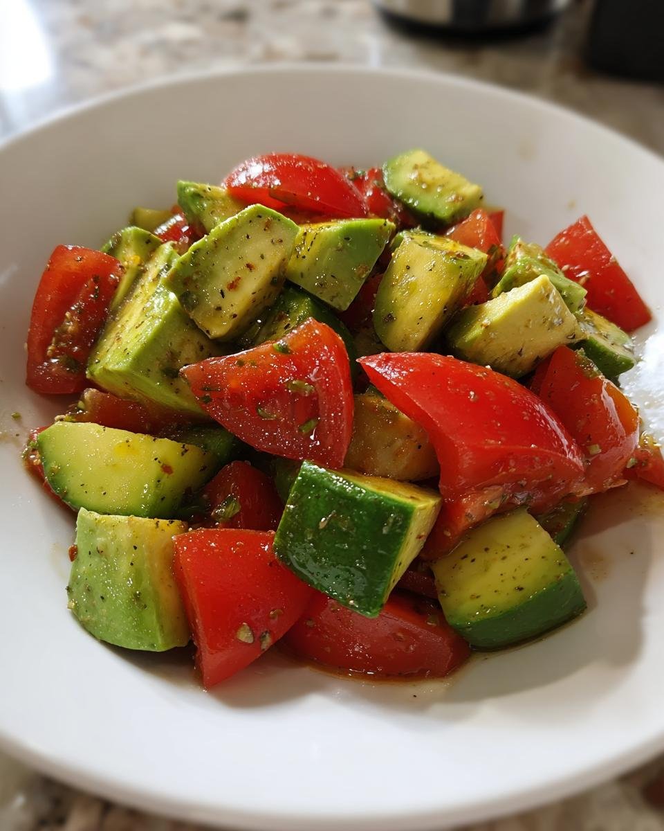 Nahaufnahme eines Cucumber Tomato Avocado Salad mit gew&uuml;rfelten Tomaten und gr&uuml;nem Avocado in einer wei&szlig;en Sch&uuml;ssel.
