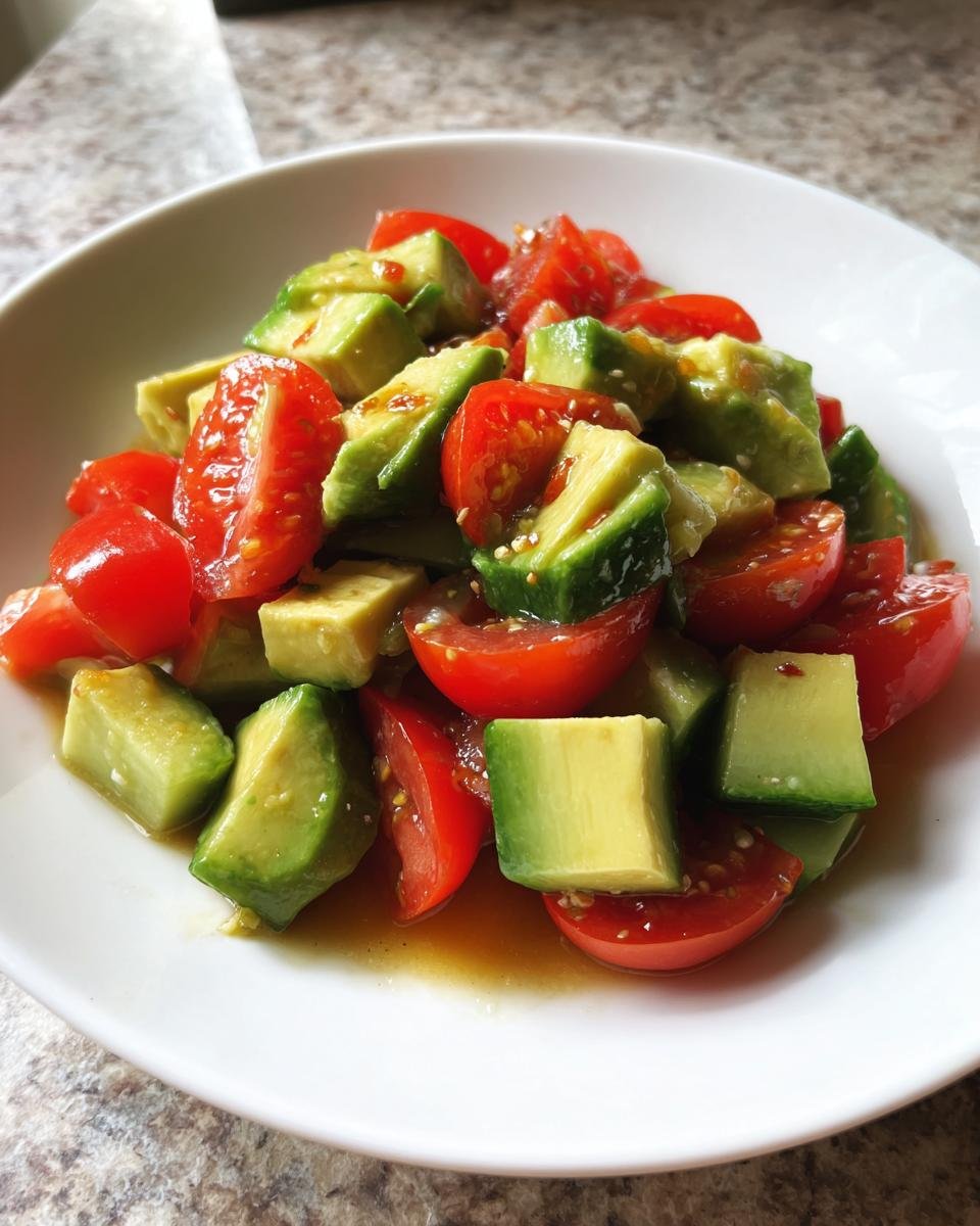 Nahaufnahme eines Cucumber Tomato Avocado Salad mit gew&uuml;rfelten Avocados und halbierten Kirschtomaten in einer wei&szlig;en Schale.