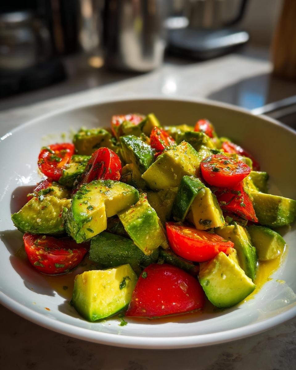 Nahaufnahme eines wei&szlig;en Tellers mit gew&uuml;rfeltem Avocado und halbierten Kirschtomaten, angerichtet als Cucumber Tomato Avocado Salad.
